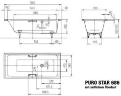 Kaldewei Puro Star Badewanne 258600013001 160x70cm, Überlauf Seitlich, Perl-Effekt, Weiß -Heimwerkzeuge Kaldewei Puro star Badewanne 258600013001 160x70cm Ueberlauf seitlich Perl Effekt weiss 2