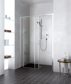 Kermi Liga Gleittür 2-tlg. Bodenfrei Mit Festfeld LID2L110201PK 106-111x200cm, Silber Mattglanz, ESG Klar Clean, Links, Auf Duschwanne